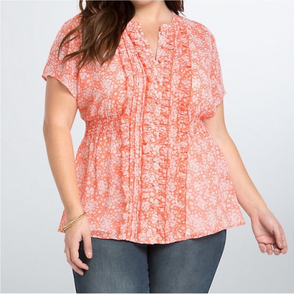 Torrid Floral coral white ruffle front Women's Top 1X 14/16 plus size